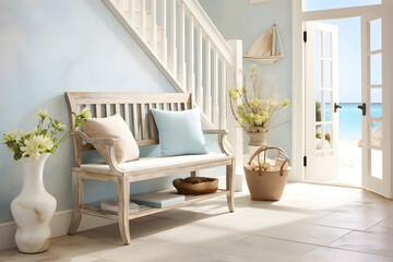  A coastal-inspired foyer with beachy decor, driftwood accents, and serene blue hues. The welcoming atmosphere, evokes the warmth of a seaside cottage.