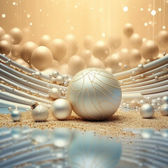 Luxurious yellow background, sparkling with golden snowflakes and sparkling balls for Christmas. Elegant pastel tones for printing, Christmas cards, wallpaper, banners.