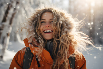 Enchanting Winter Wonder, Young Woman Embracing Lapland's Snowy Forest - obrazy, fototapety, plakaty