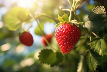 Beautiful ripe strawberry fruit on tree with bright light, AI Generated Images