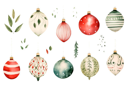 Christmas balls and garlands, Christmas and New Year's theme in watercolor style isolate on white