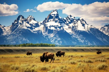American Bisons grazing on grassy field  against mountains. Beautiful mountains landscape with bisons. Wildlife Photography.