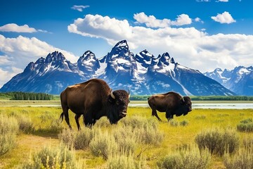 American Bisons grazing on grassy field  against mountains. Beautiful mountains landscape with bisons. Wildlife Photography.