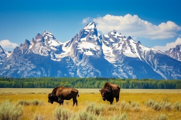 Fototapeta na wymiar American Bisons grazing on grassy field against mountains. Beautiful mountains landscape with bisons. Wildlife Photography.