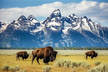 Fototapeta na wymiar American Bisons grazing on grassy field against mountains. Beautiful mountains landscape with bisons. Wildlife Photography.