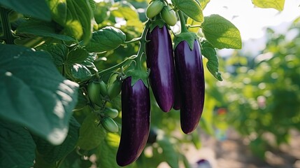 purple eggplant plant growing in a garden