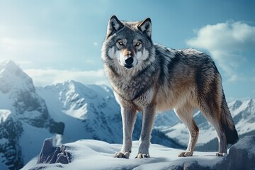 wolf standing in the snowy mountains
