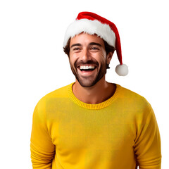 Man in yellow t-shirt and Santa Claus hat concept of Christmas and New Year on white background