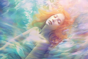 Dreamy underwater portrayal of a redhead model, surrounded by a dance of iridescent light.