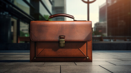 Fashionable leather briefcase on table