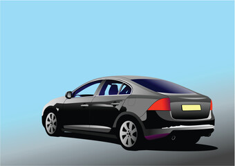 Black car-sedan on the road. Vector 3d illustration