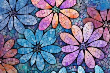 Mosaic flower patterns with a blend of cool and warm tones creating a mesmerizing visual appeal.