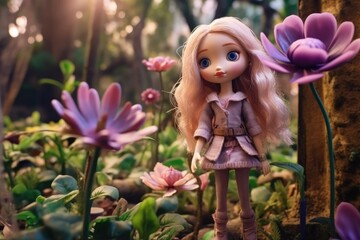 Porcelain-like toy figure dressed in a cozy attire juxtaposed against vibrant flora, painting a fairy tale scene.