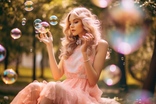 Woman with wavy blonde hair captivated by floating bubbles in sunlit park setting