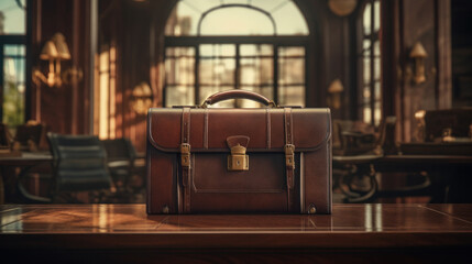 Fashionable leather briefcase on table - obrazy, fototapety, plakaty