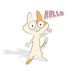 Funny cat says Hello. Vector illustration in cartoon style.