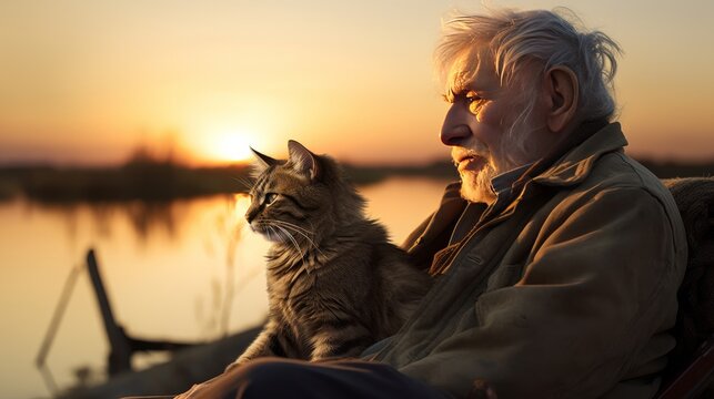 old man in a wheelchair watching the sunset with his kitten