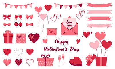 Set of Valentine's day hand drawn decorative elements. Ribbons, bows, garlands, gift boxes, balloons, envelopes, heart shaped frames.