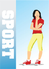 Young athlete  woman in red-yellow  sports suit. Vector 3d illustrations