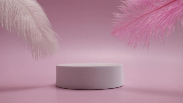 cosmetology and fashion, Feather and podium cosmetics mockup on pink background, skincare and cosmetics, smooth and lightweight nature of beauty products