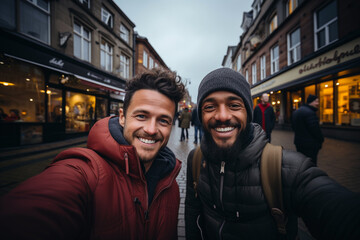 Happy generation z millenials LGBTQ relationship concept. Portrait shot of smiling male multiracial gay couple taking selfie on mobile, smartphone traveling autumn or calling their friends, relatives - obrazy, fototapety, plakaty