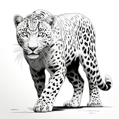 full-length sketch of a snow leopard, in black and white on a white background.