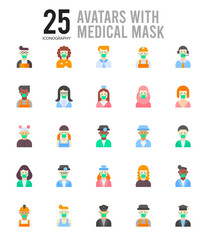 25 Avatars With Medical Masks Flat icon pack. vector illustration.