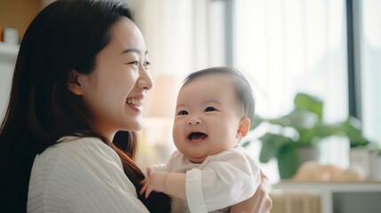 Happy smile mother takes care and hold her cute baby, selective focus