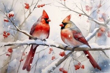 Painted winter birds in watercolor. Generative AI