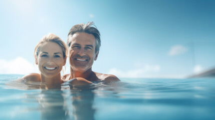 Cheerful couple resting in luxury swimming pool. Zero level, sky background.