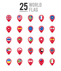 25 World Flags Pin. icons Pack. vector illustration.