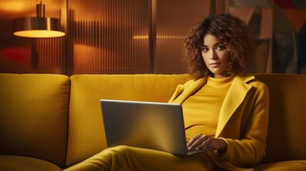 Woman wearing yellow sweater sitting on yellow sofa working at home with laptop