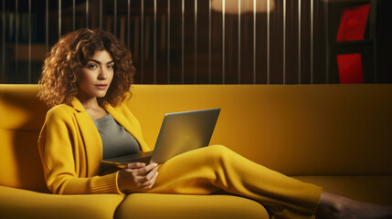 Woman wearing yellow sweater sitting on yellow sofa working at home with laptop