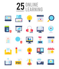 25 Online Learning Flat icon pack. vector illustration.