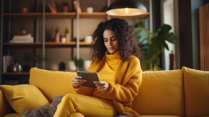 Woman wearing yellow sweater sitting on yellow sofa while shopping ecommerce