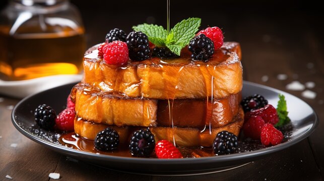 plate of french toasts with fresh berries on top with honey and maple syrup toppings