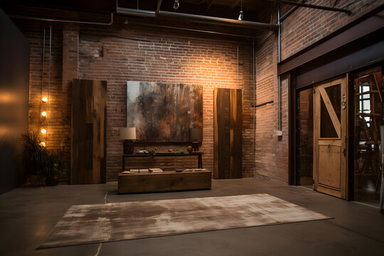 An entrance area with exposed brick walls, industrial lighting, and salvaged materials. The raw and rustic decor creates an urban and inviting atmosphere, blending modernity with warmth.