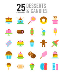 25 Desserts and Candies Flat icon pack. vector illustration.