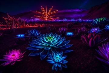 An oasis of light with a neon succulent garden growing beneath an electric sky. 