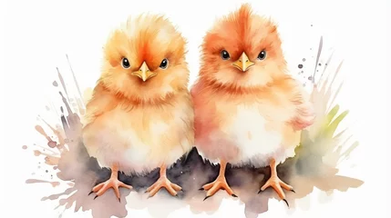 Foto op Plexiglas Two little chicken watercolor © Hamna