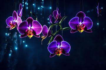 A neon mist surrounds neon orchids that are hanging in the air.  