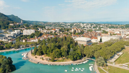Fototapeta na wymiar Annecy, France. Le Paquier Park. Annecy is a city in the Alps in southeastern France. Lake Annecy promenade, Aerial View
