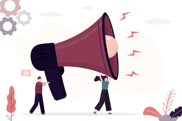 Communication, group of business people carry megaphone. Finding people, information, inviting new employees to team. Advertising, promotion campaign, marketing. Refer a friend,