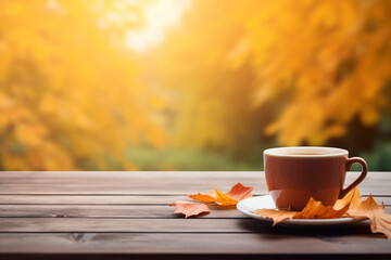 Naklejka na ściany i meble Coffee cup nestled among autumn leaves on a wooden table, with a softly blurred fall autumn background.