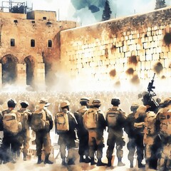 Generative AI illustration image of Israeli soldiers and the western wall in Jerusalem