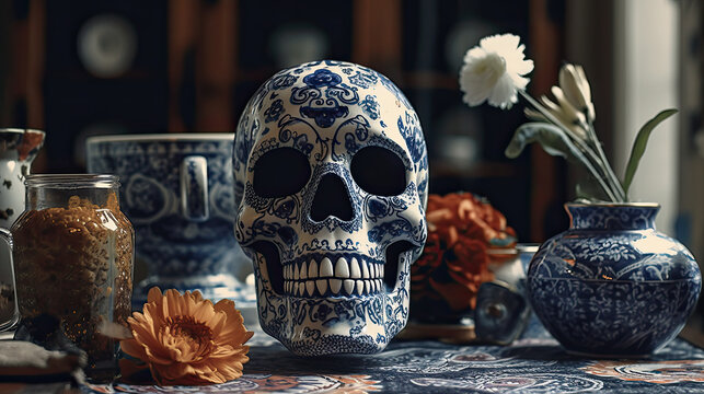 Sugar skull or catrina in a antique dining room