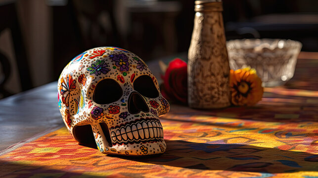Sugar skull or catrina in a antique patio