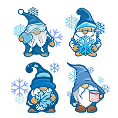 Set of cute winter gnomes vector illustration. Christmas winter season gnomes mascot.