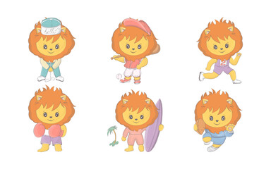 Set of Cartoon Isolated Lion. Collection of Cute Vector Cartoon Animal Illustrations for Stickers