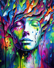 Abstract portrait of a beautiful human with closed eyes. Multicolored background